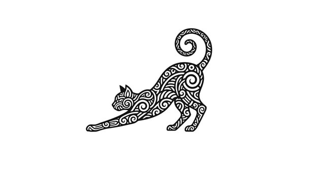 Stretching cat silhouette filled with highly detailed white swirl patterns over a plain black outline style.