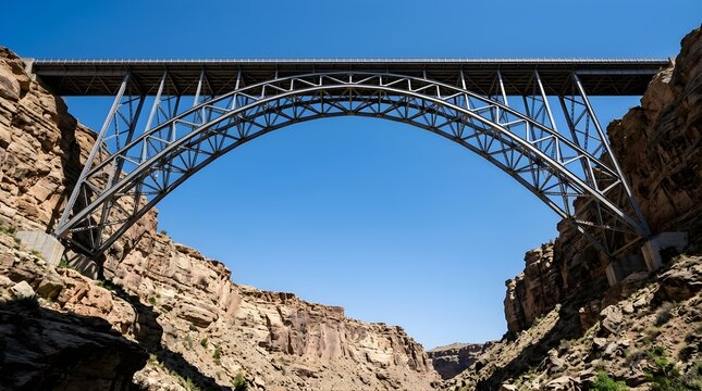 Large steel arch bridge crossing a deep desert canyon against blue sky