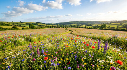 Obraz premium Expansive wildflower meadow landscape with colorful spring flowers under a sunny blue sky