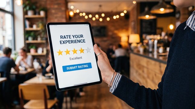 Customer holding tablet displaying five star rating feedback form in restaurant, illustrating user experience evaluation, service quality assessment, and client satisfaction survey.