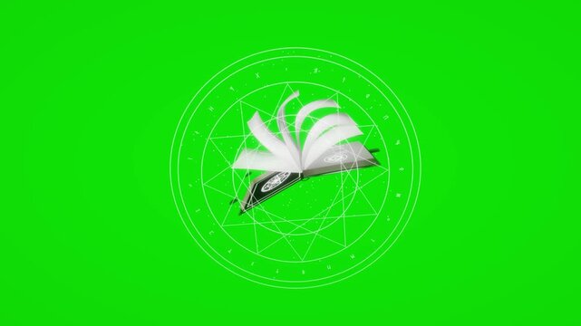 Open magical grimoire flips pages over an illuminated white mystical summoning circle on a green screen backdrop in a top view 3D motion render