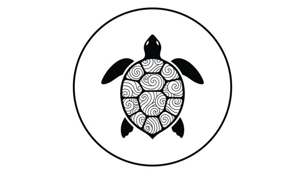 Sea turtle black silhouette design featuring detailed spiral shell patterns inside a minimalist circular border.