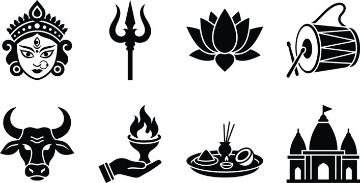 Navratri festival icon set featuring durga goddess trident lotus dhol drum sacred bull diya thali and temple vector design