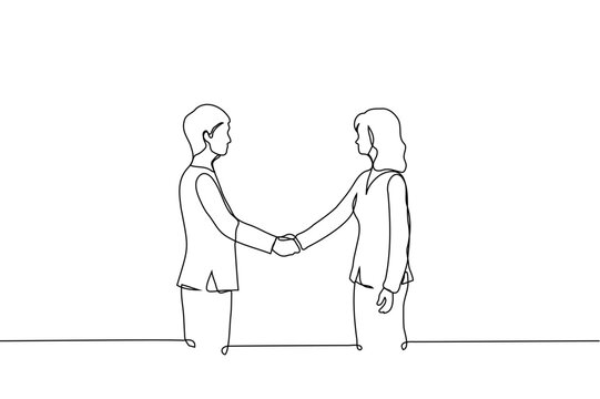 Continuous line drawing illustration of a businessman and a businesswoman shaking hands against a white background, representing a successful dea