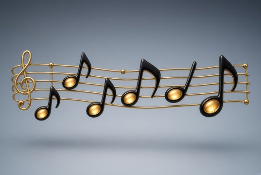 Spartito musicale 3D con note nere e oro brillante su sfondo neutro
