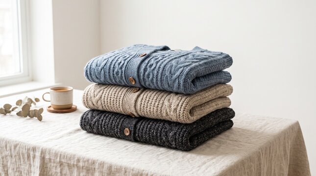 Stack of three folded cable knit cardigans in blue, beige, and dark grey on a table