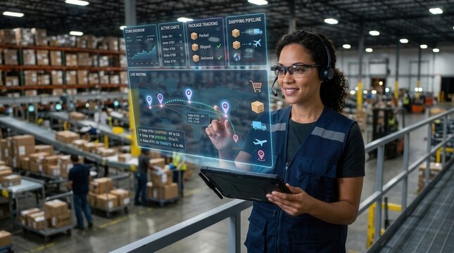 Woman in warehouse uses futuristic holographic interface for logistics management, tracking shipments and optimizing delivery routes.