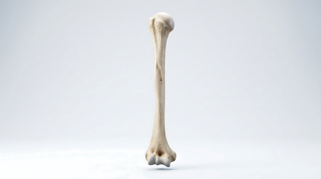Isolated 3D anatomical model of human humerus bone showing humeral head shaft and condyle on light background