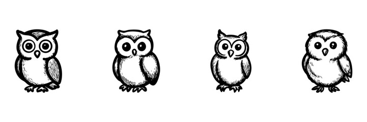 Fototapeta premium Owls Hand Drawn Doodle Icon Set. Stylized Hand-Drawn Owl Sketch Symbol Collection. Wildlife And Nature Animal Icons. Isolated Vector Illustration