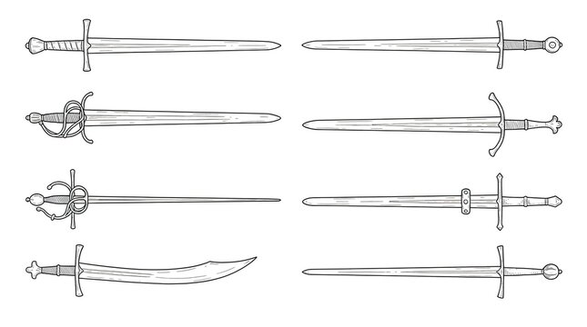 Medieval Sword Line Art Doodle Illustration Set with European Blades
