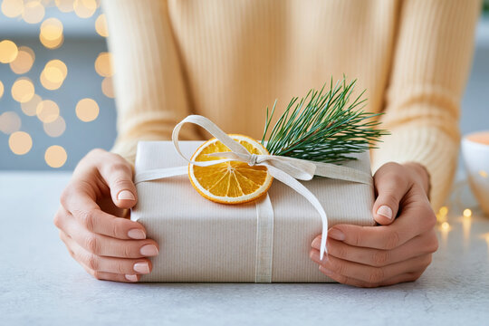 Wrapped gift box held by a person with light-colored sweater, decorated with dried orange slice and pine sprig, soft bokeh lights in the background