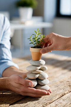 Hands of a person placing a small potted plant on a stack of smooth stones, symbolizing growth and balance on a wooden table in a bright indoor setting