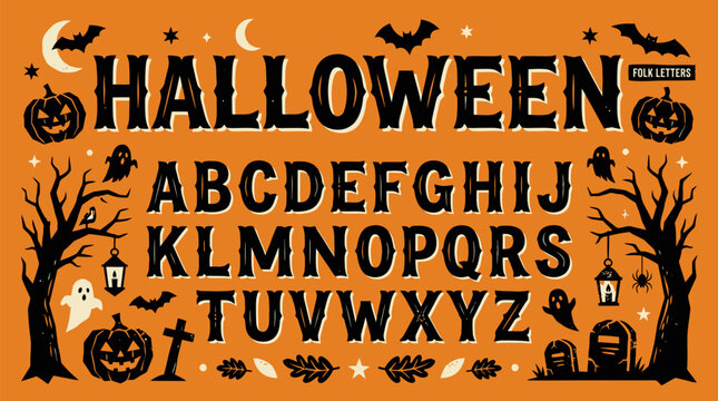 Halloween themed alphabet letters with spooky decorative elements with font