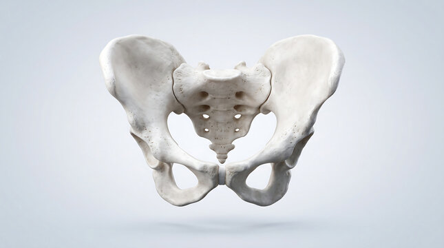3D anatomical model of human pelvic bone showing sacrum coccyx ilium pubis and ischium isolated on light background