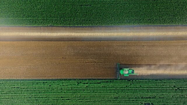 Top-down aerial view of a combine harvester with a dust trail