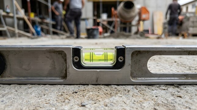 Spirit level tool placed on concrete floor at an active building site