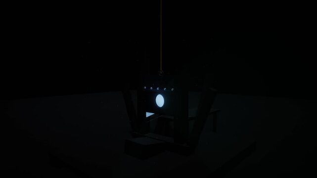 Dark medieval guillotine with an illuminated glowing cyan blade and floating misty particles in a 3D animation