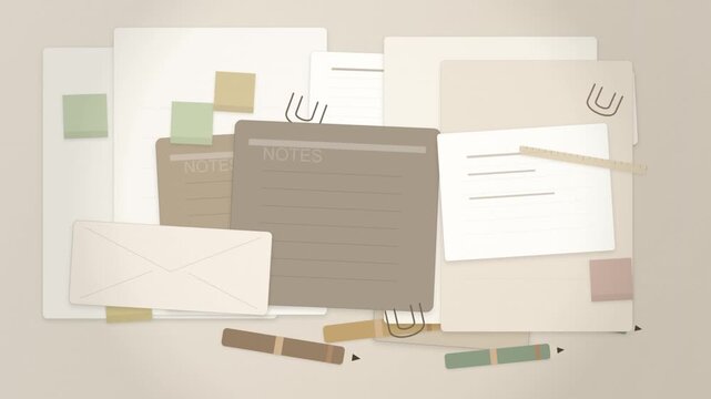 Minimalist office stationery and paper notes flat lay illustration