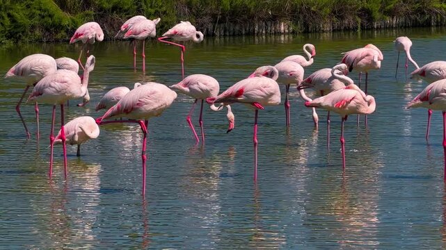 Pink flamingos among the reed marshes of the Camargue, southern France. High quality 4k footage