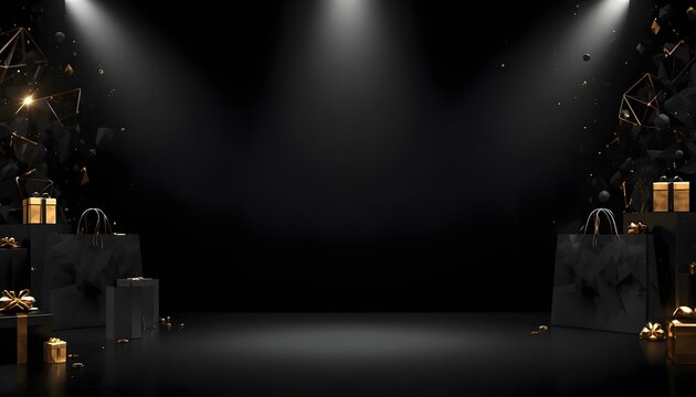 Luxury Black Shopping Sale Background with Elegant Gift Boxes and Copy Space