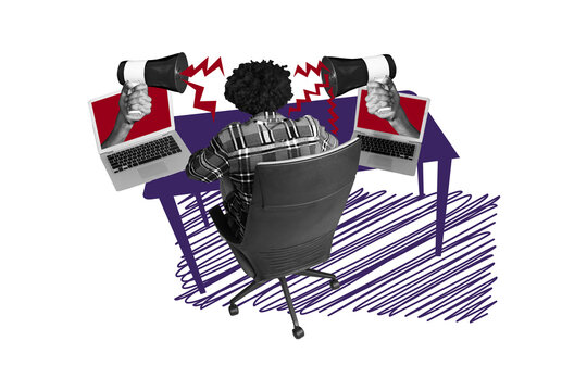 Creative picture collage worker employee man sit office table workspace laptops screens announce proclaim bullhorn overloaded workaholic