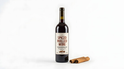 Obraz premium Spiced mulled wine bottle stands next to aromatic cinnamon sticks against a clean transparent backdrop.