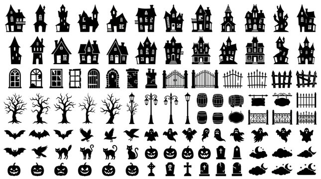 Black and white halloween themed icons with includes silhouetted houses