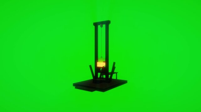 Medieval wooden guillotine with an angled metal blade standing isolated against a vibrant chroma green screen background