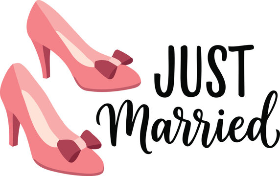 A pair of elegant pink high heel shoes with decorative bows and the text just married in stylish black lettering