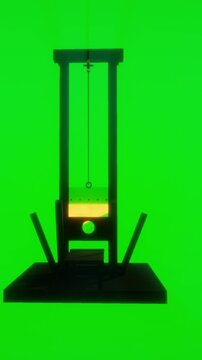 Dark silhouette of a medieval guillotine stands against an illuminated green screen background in a vertical 3D render
