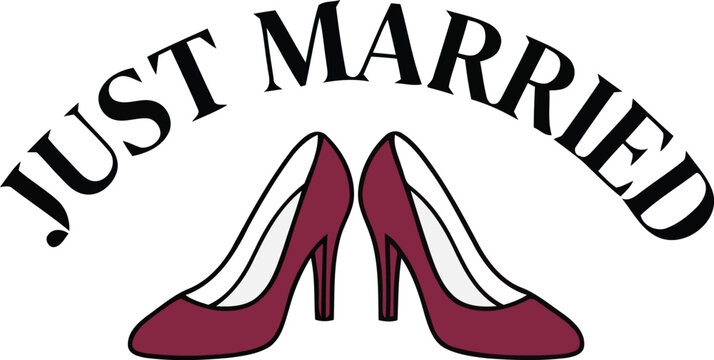 A decorative just married sign featuring elegant red high heel shoes for wedding invitations or bridal shower party celebration graphic design