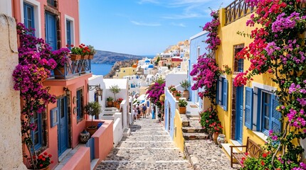 Fototapeta premium Narrow cobblestone street on a Mediterranean island lined with houses in bright yellows, pinks and blues decorated with pink bougainvillea