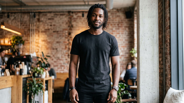Man with Dreadlocks Standing in a Cafe. 