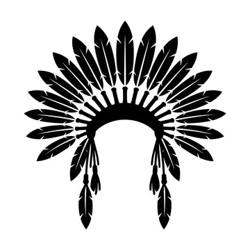 Black silhouette of native American war bonnet feathered headdress for tribal cultural graphic design projects.