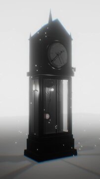 Gothic vintage grandfather clock with swinging pendulum stands in dense white fog with glowing particles in vertical 3D render