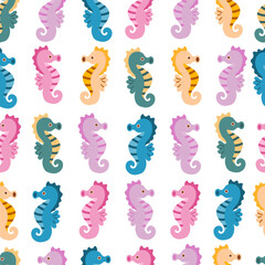 Cute colorful seahorse illustrations arranged in a seamless repeating pattern, featuring playful marine colors and simple shapes for children's products, fabric, wallpaper, stationery, packaging © Creativeniiw