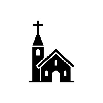 Church building silhouette with tall bell tower and cross for religious community concepts.
