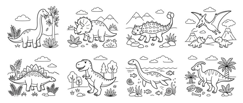 Cute Cartoon Dinosaur Illustrations Collection Isolated