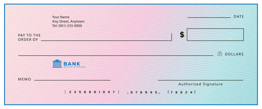 Blank personal cheque template with pastel gradient background, dollar sign, pay to order line, and MICR code. Perfect for personal finance and payment design concepts.