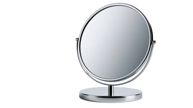 Chrome vanity mirror stands on a solid transparent surface for reflection.