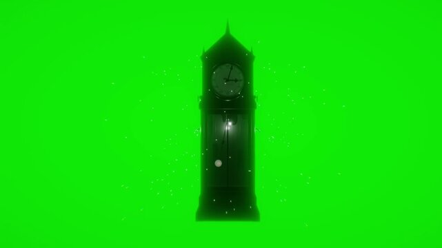 Vintage wooden grandfather clock with swinging pendulum stands against bright green screen background in 3D animation