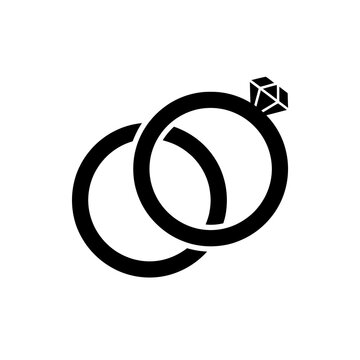 Wedding rings with diamond stone black silhouette icon isolated on transparent background for marriage jewelry.