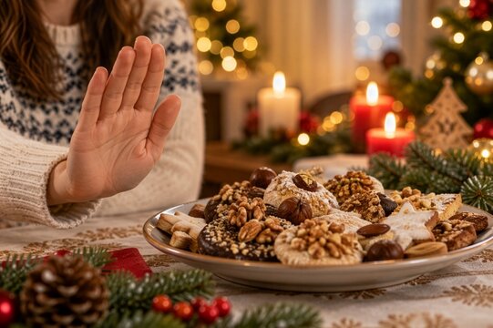 Hand refusing nut-topped Christmas cookies, food allergy warning and holiday safety concept