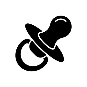 Simple black silhouette of a baby pacifier used for soothing infants and newborns.
