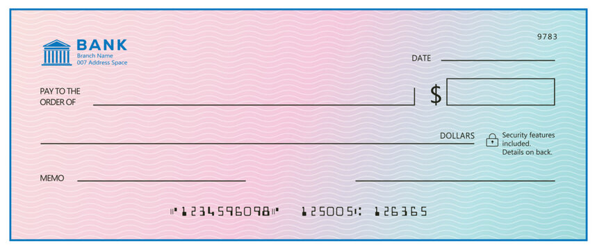 Blank personal cheque template with pastel gradient background, dollar sign, pay to order line, and MICR code. Perfect for personal finance and payment design concepts.