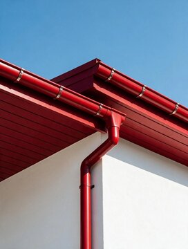 Sistema de canal&oacute;n y bajante de lluvia met&aacute;lico en color rojo instalado en la fachada de una vivienda. Carpinter&iacute;a met&aacute;lica. Instalaci&oacute;n, reparaci&oacute;n y mantenimiento de canalones de aluminio a medida