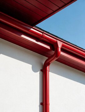 Sistema de canal&oacute;n y bajante de lluvia met&aacute;lico en color rojo instalado en la fachada de una vivienda. Instalaci&oacute;n, reparaci&oacute;n y mantenimiento de canalones de aluminio. Carpinter&iacute;a met&aacute;lica en Galicia