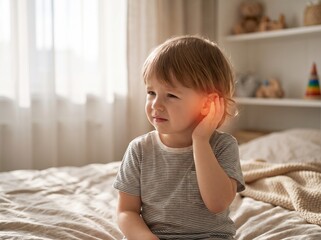 Fototapeta premium Young Toddler Suffering From Acute Ear Infection Pain Sitting Alone on a Bed in a Bright Bedroom at Home