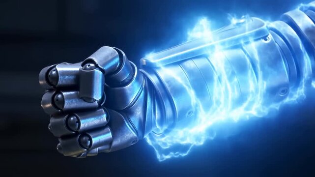 Metallic robotic fist radiates blue electrical energy against a dark background