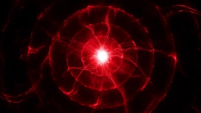 Glowing red energy sphere pulsing with branching plasma tendrils in a dark abstract space